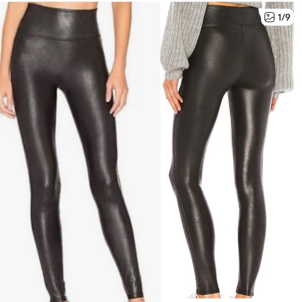 SPANX Shiny Black Faux Leather Leggings. Medium. Like new